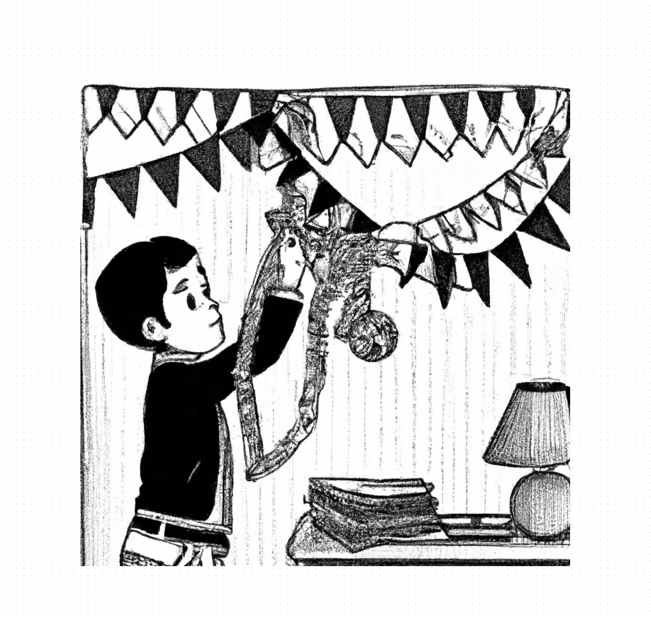 Dall-e2 Query: hatching style, boy putting up party decorations, black and white