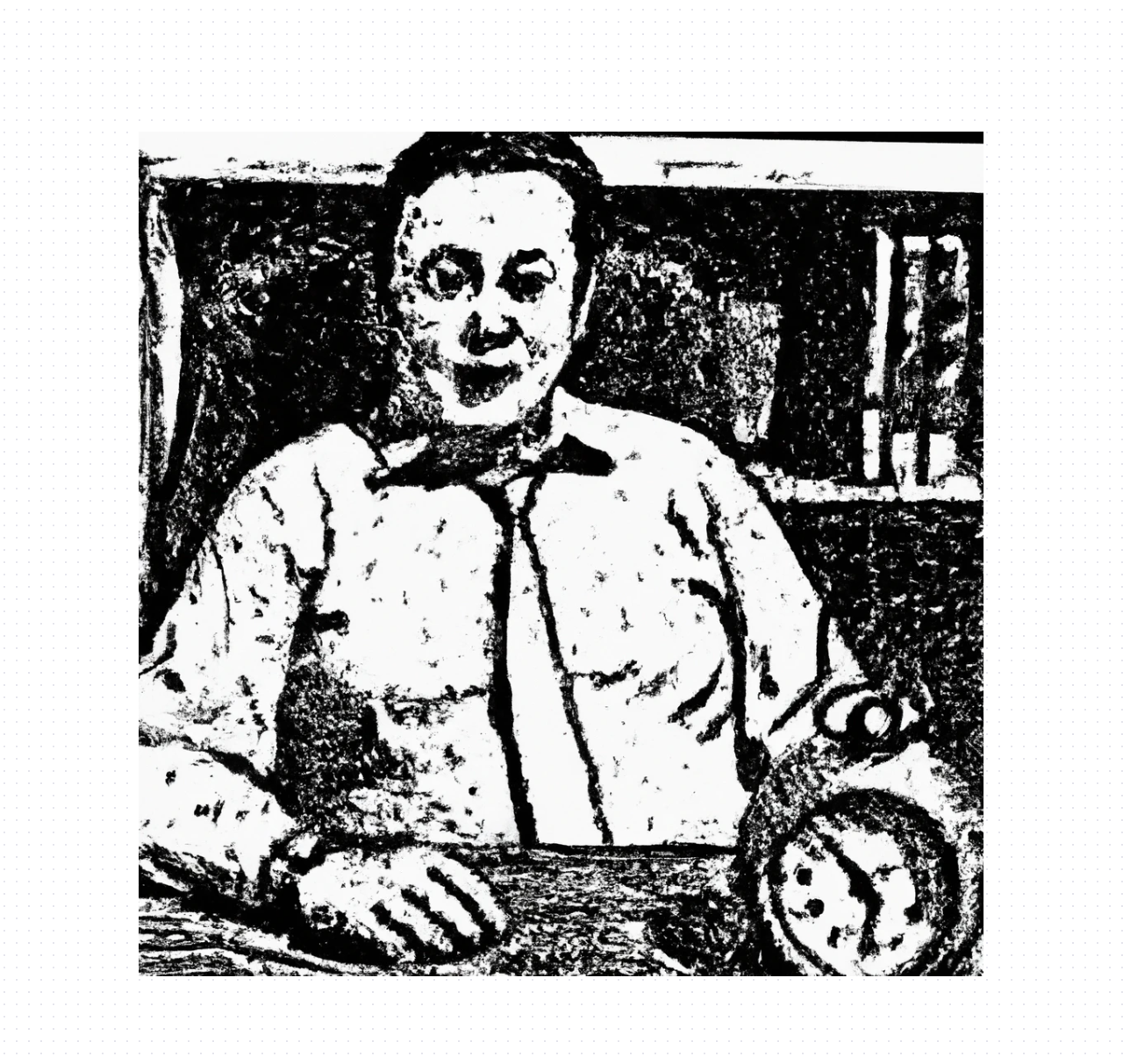 Dall-e2 Query: hatching style, person content, with clock, black and white