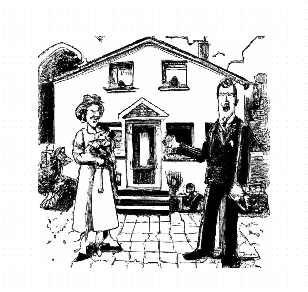 Dall-e2 Query: hatching style, newly wed couple in front of home, black and white