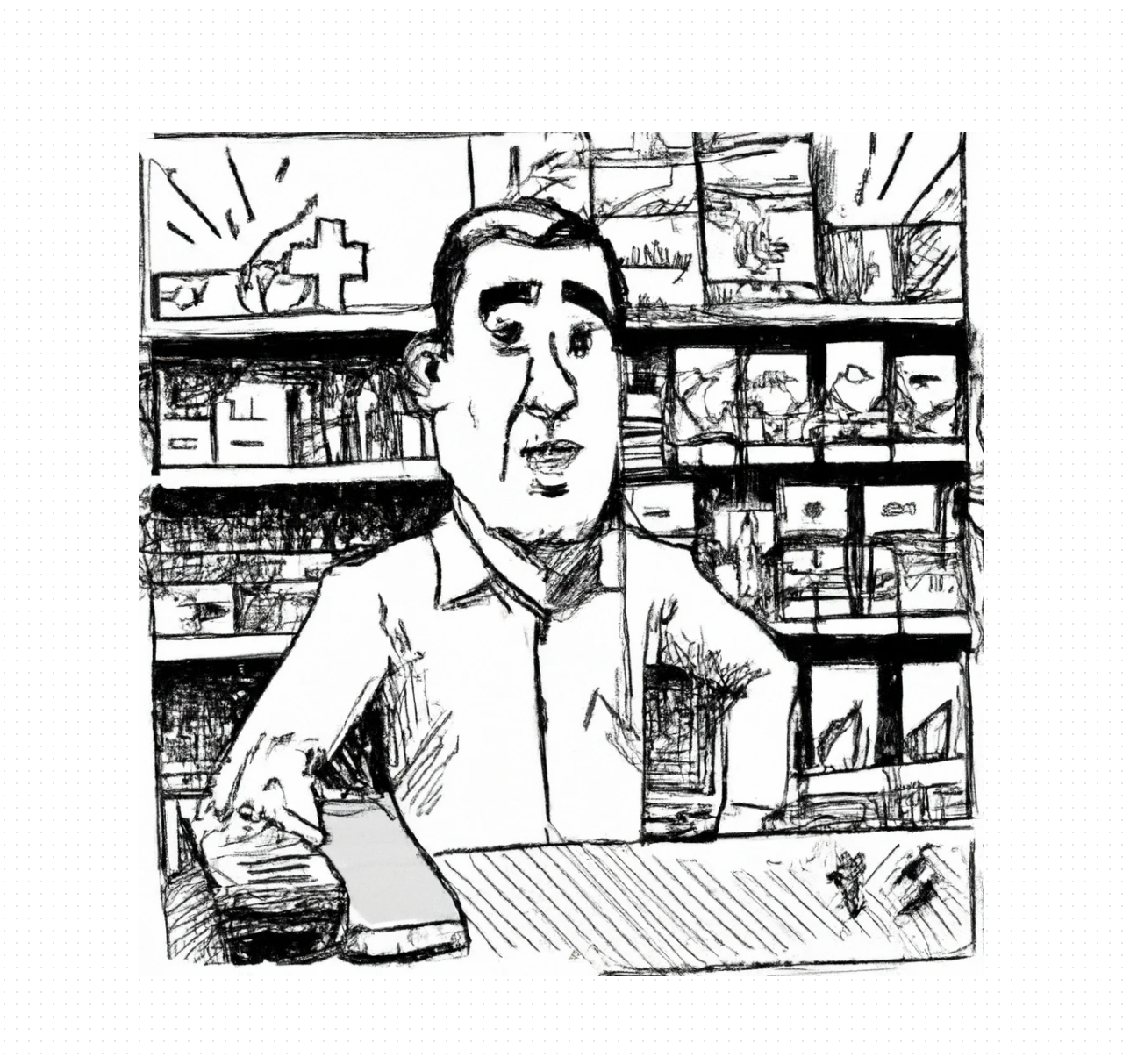 Dall-e2 Query: hatching style, hapless drug store proprietor