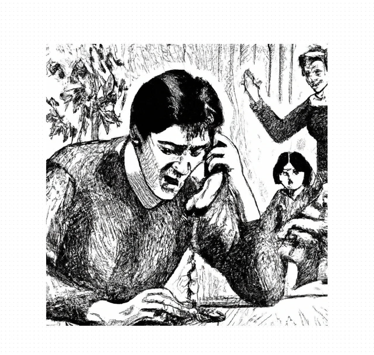 Dall-e2 Query: hatching style, man on phone stressed, family in background