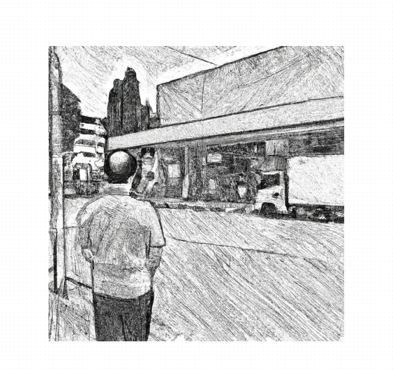 Dall-e2 Query: hatching style, street view, person looking at store up the road