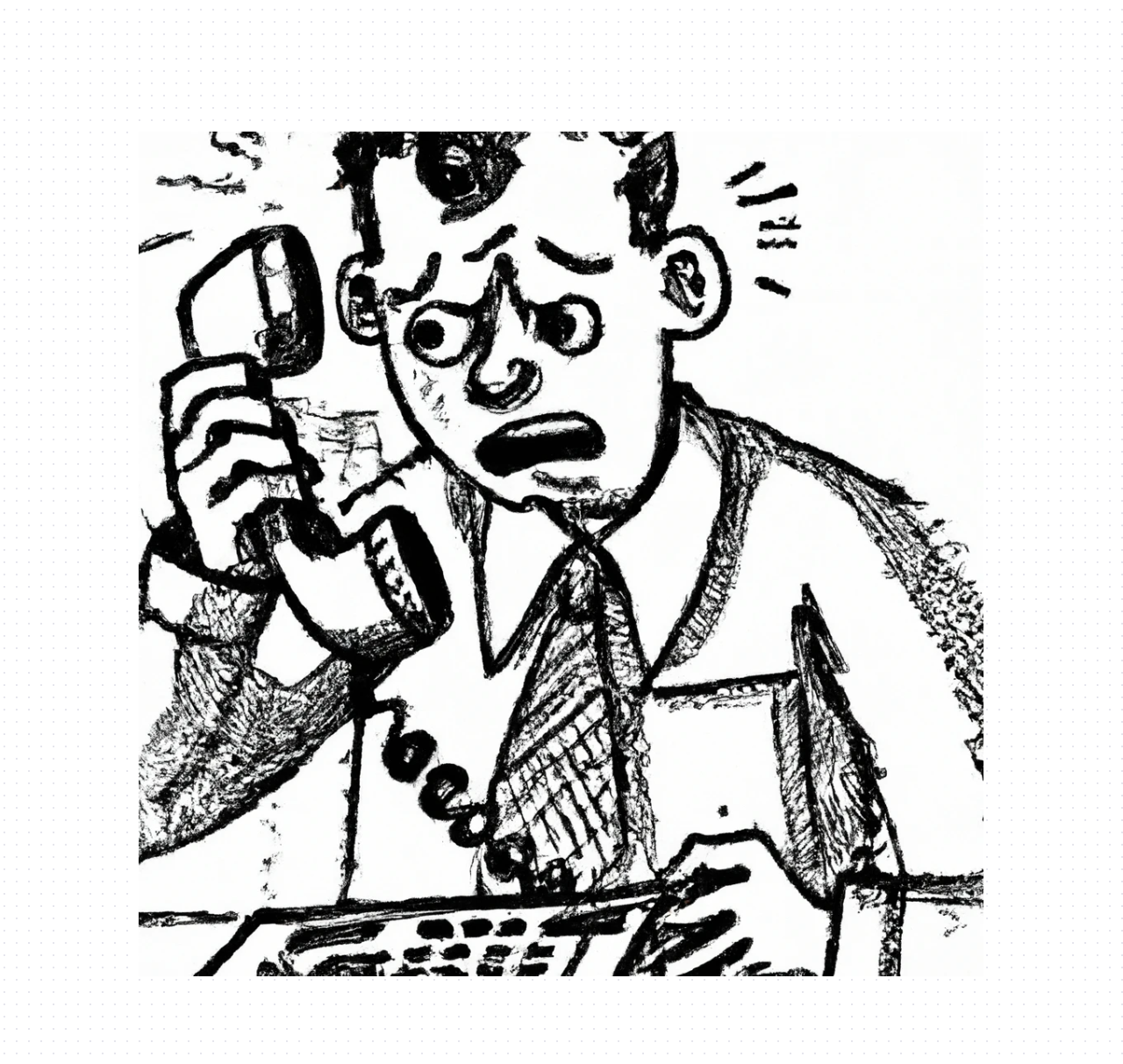 Dall-e2 Query: hatching style, man on the old style phone stressed
