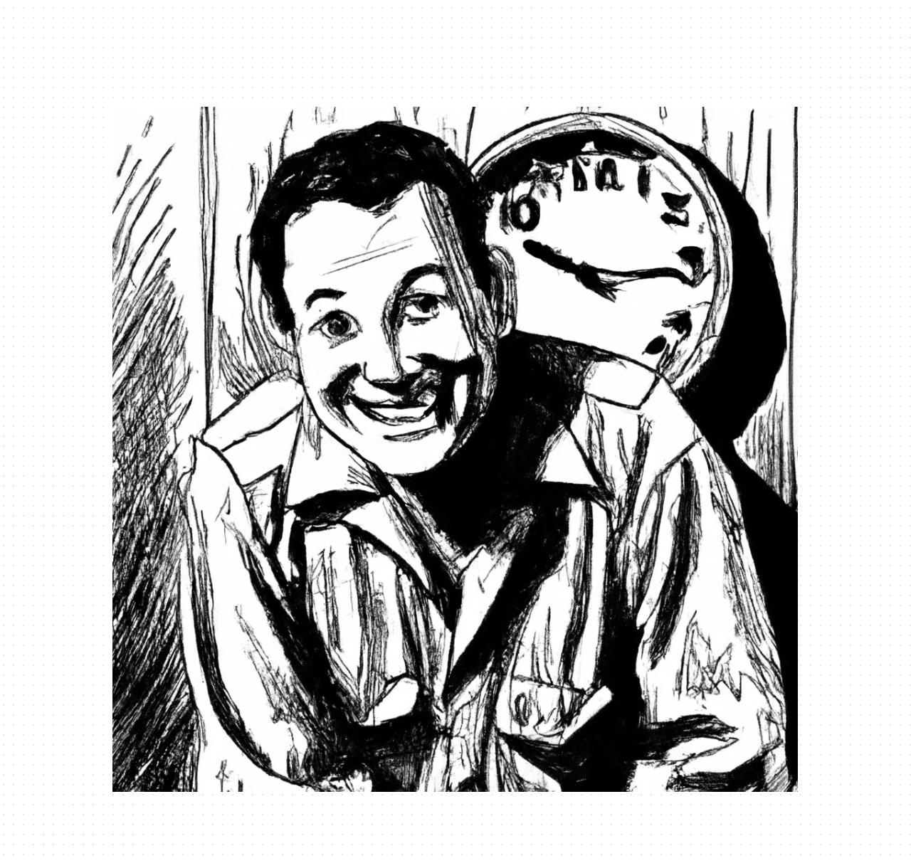 Dall-e2 Query: hatching style, man smiling next to clock