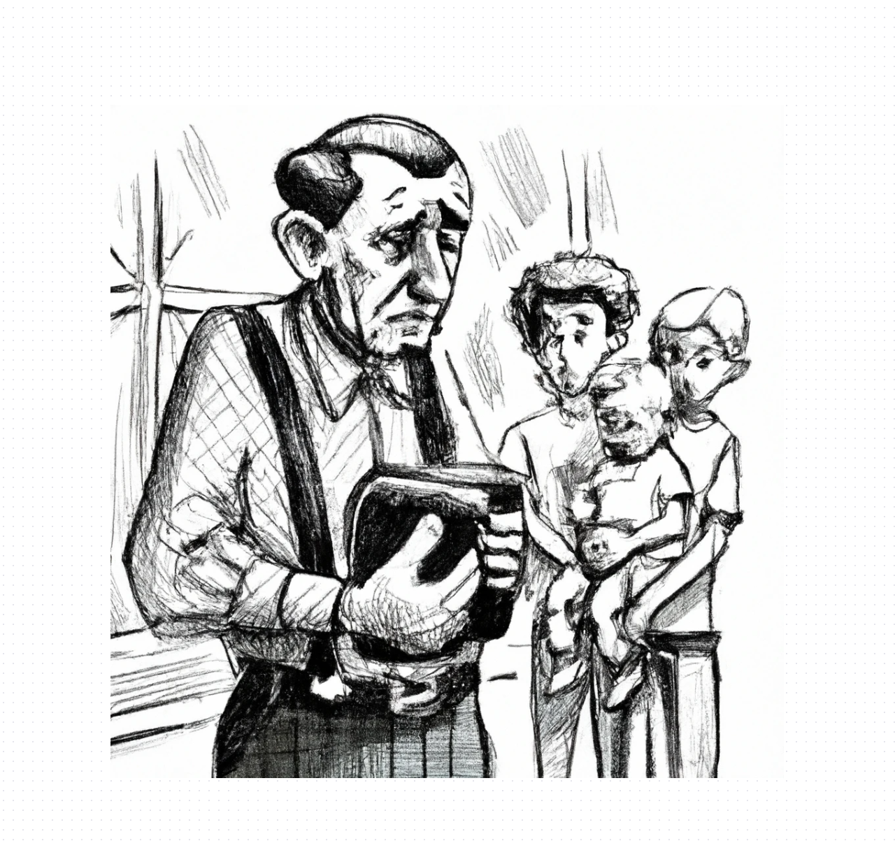 Dall-e2 Query: hatching style, sad family, nervous old dad with pocket book