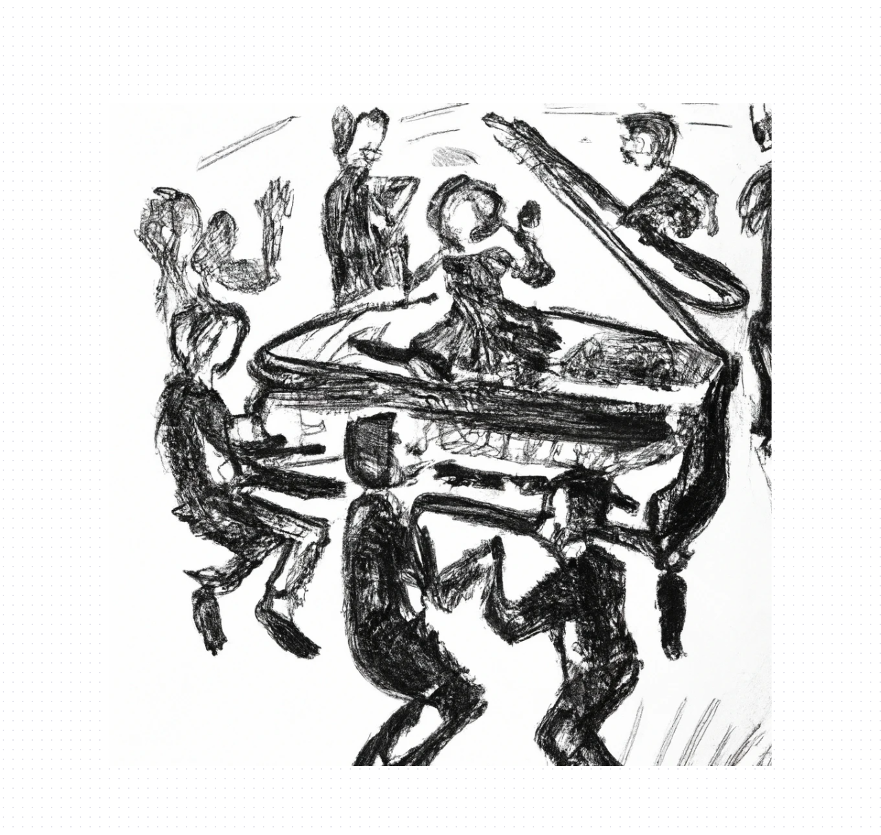 Dall-e2 Query: hatching style, people dancing around piano