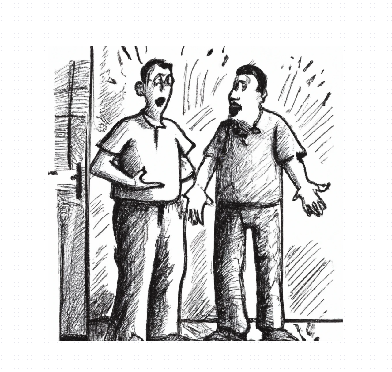 Dall-e2 Query: hatching style, two men standing, one surprised