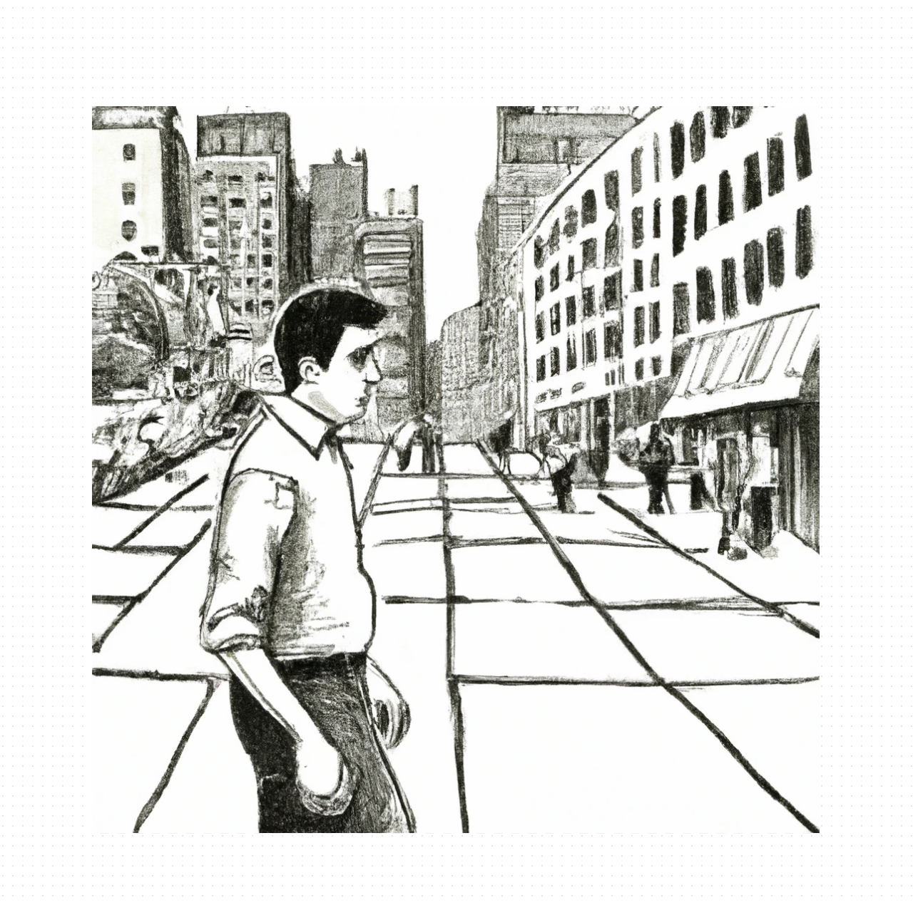 Dall-e2 Query: hatching style, man walking in city, looking down street, contemplation