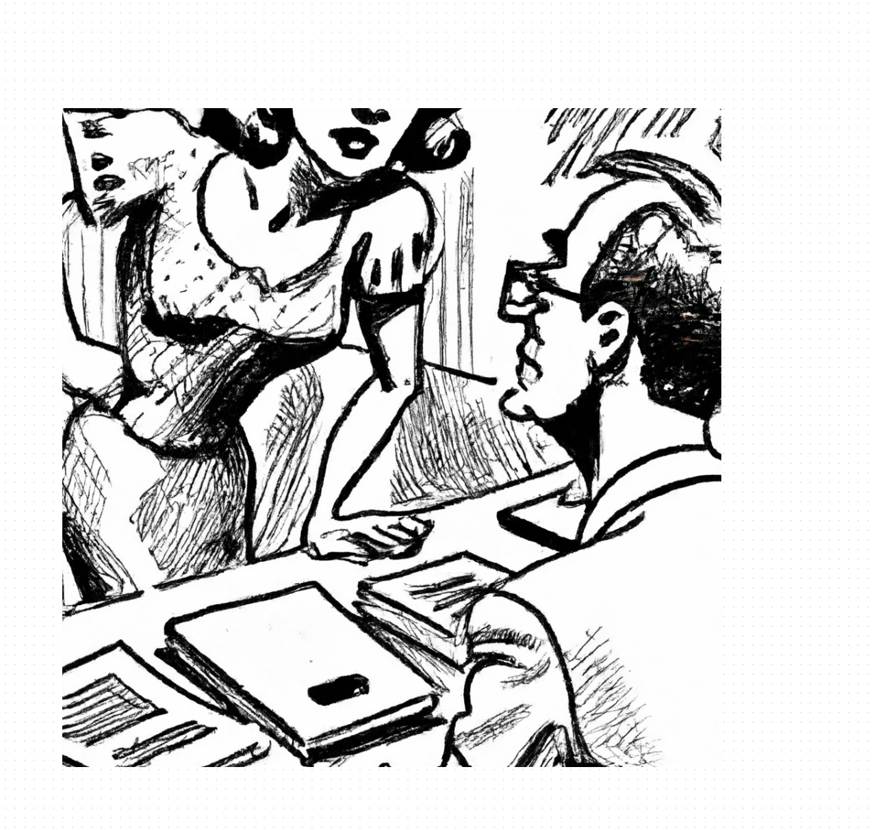 Dall-e2 Query: hatching style, woman standing over man at desk, bad news